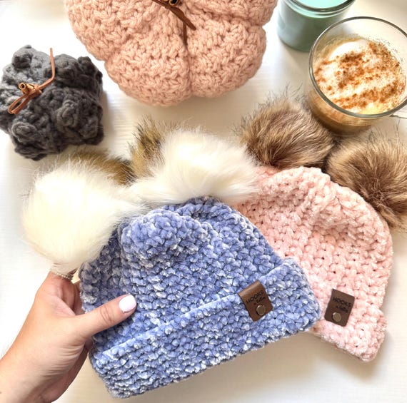Kids Velvet Beanie with Double Pom Poms, Handmade Crochet Winter Hat for Children