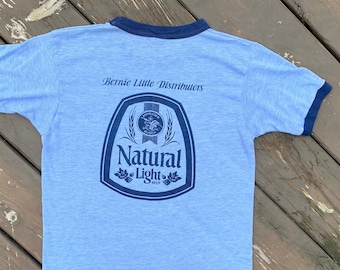 Vintage 80's Natural Light Beer Cancer Run Challenge Lakeland Florida Paper Thin Single Stitch Ringer Shirt