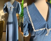 Vintage 50 39 s 60 39 s prairie denim daisy floral print cottage core farm style maxi floor length dress back tie puff sleeve empire waist