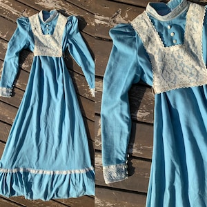 Vintage 70&#39;s Trivia by Charm of Hollywood powder blue linen prairie dress with lace details cottage core