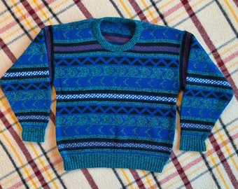 Vintage LARGE 80's 90's handmade geometric stripe retro chunky hand knit oversized slouchy sweater