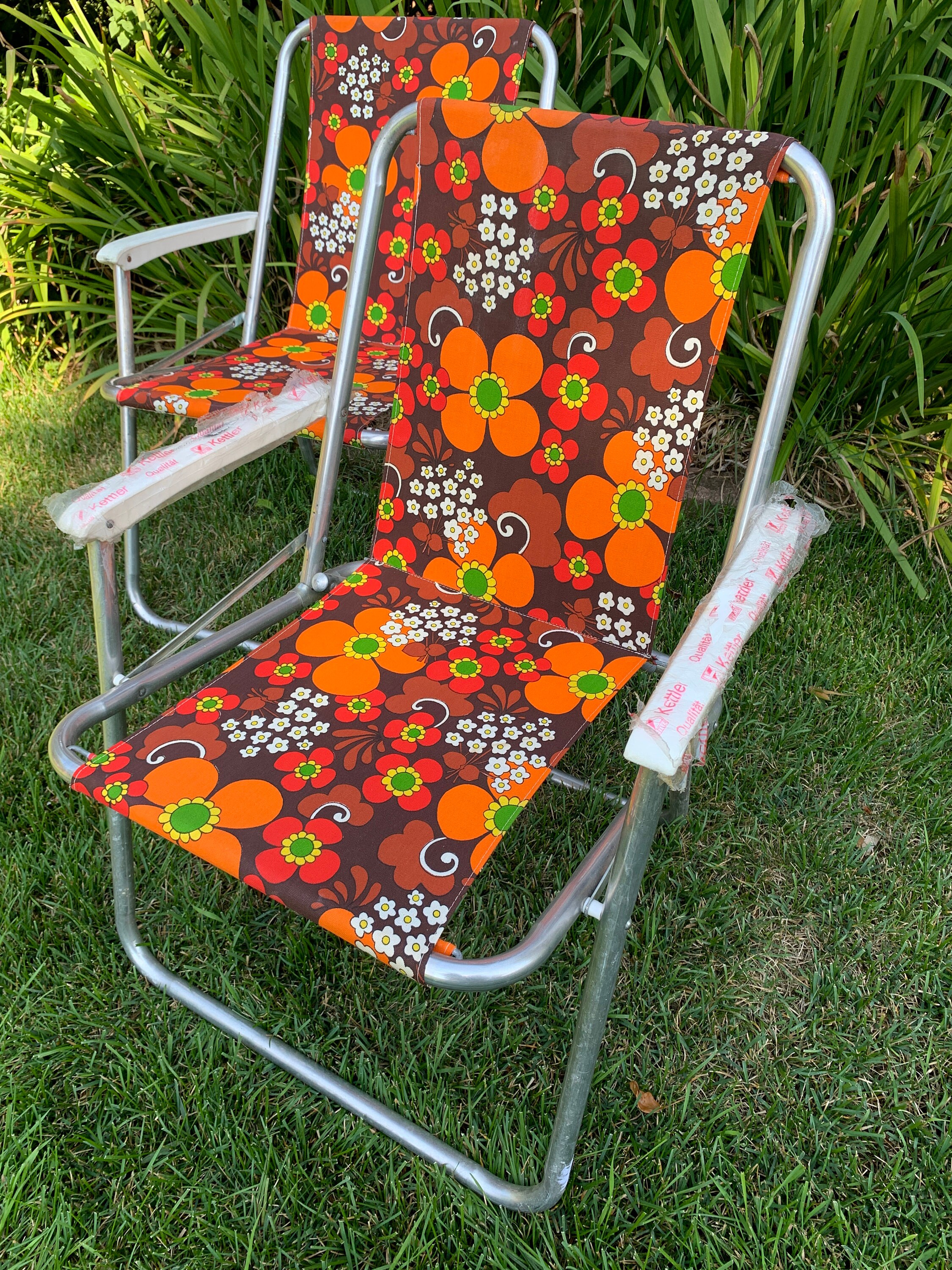 テーブル・チェア・ハンモック oldmountain OLD FOLDING CHAIR GIN PAIR of Vintage 60's Floral Aluminum Folding Chair by Kettler Dead