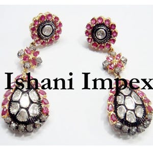 Diamond Earrings Natural Rose Cut Diamond & Uncut Diamond Polki ,Ruby 925 Sterling Silver Victorian  Earrings Jewelry
