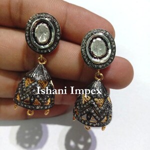 Fine Handmade Natural Rose Cut Diamond & Uncut Diamond Polki 925 Sterling Silver Victorian Vintage Handmade Diamond Earrings Jewelry