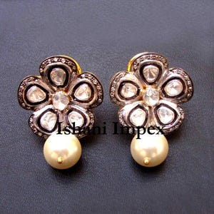 Handmade Earrings Natural Rose Cut Diamond & Uncut Diamond Polki Pearl 925 Sterling Silver Earrings Jewelry Victorian Vintage Earrings