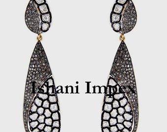 Natural Rose Cut Diamond Polki & 925 Sterling Silver Victorian Earring Jewelry