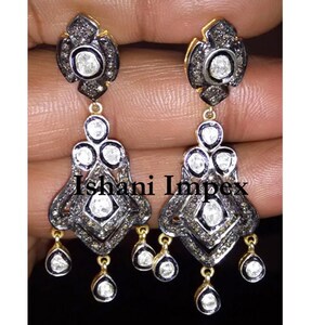 Victorian Vintage Fine Handmade Diamond Earrings Natural Rose Cut Diamond & Uncut Diamond Polki 925 Sterling Silver Earring Jewelry