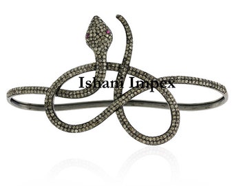 Natural Rose Cut Diamond & 925 Sterling Silver Snake Style Bangle Jewelry