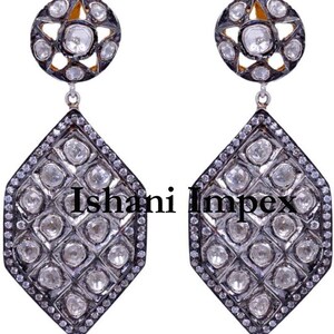 Natural Rose Cut Diamond & Uncut Diamond Polki 925 Sterling Silver Victorian Vintage Fine Handmade Diamond Earrings Jewelry