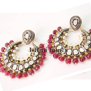 Victorian Earrings Natural Rose Cut Diamond & Diamond Polki, Pearl, 925 Sterling Silver Vintage Fine Handmade Diamond Earrings