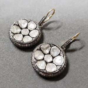 Victorian Natural Rose Cut Diamond & Diamond Polki 925 Sterling Silver Vintage Fine Handmade Diamond Earrings Jewelry