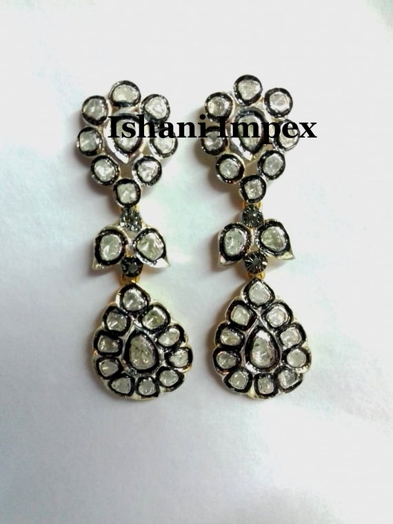 Natural Uncut Diamond Polki 925 Sterling Silver Earrings Victorian