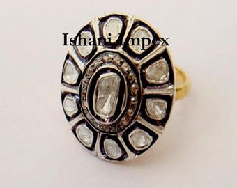 Viktorianischer Polki Diamantring, Rosenschliff, Gold & 925 Sterlingsilber