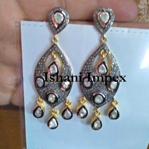 Natural Rose Cut Diamond & Uncut Diamond Polki 925 Sterling Silver Victorian Vintage Fine Handmade Diamond Earrings Jewelry