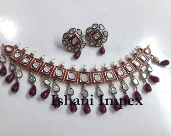 Natural Uncut Diamond Polki & 925 Sterling Silver Enamel Necklace Earring Set Jewelry