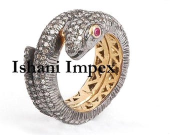 Natural Rose Cut Diamond & Sterling Silver Ring, Victorian Snake Ring Jewelry