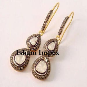 Fine Handmade Earrings Natural Rose Cut Diamond & Uncut Diamond Polki 925 Sterling Silver Victorian Vintage Diamond Earrings Jewelry
