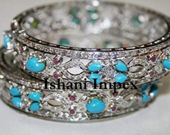 Natural Rose Cut Diamond , Turquoise & 925 Sterling Silver 2 Piece Bangle Set Jewelry