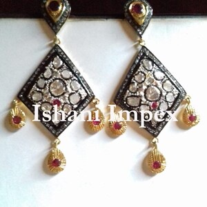Natural Rose Cut Diamond & Uncut Diamond Polki 925 Sterling Silver Victorian Vintage Fine Handmade Diamond Earrings Jewelry