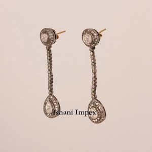Fine Handmade Natural Rose Cut Diamond & Uncut Diamond Polki Gold 925 Sterling Silver Victorian Vintage Handmade Diamond Earrings Jewelry