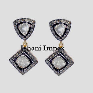 Fine Handmade Earrings Natural Rose Cut Diamond & Uncut Diamond Polki 925 Sterling Silver Victorian Vintage Diamond Earrings Jewelry