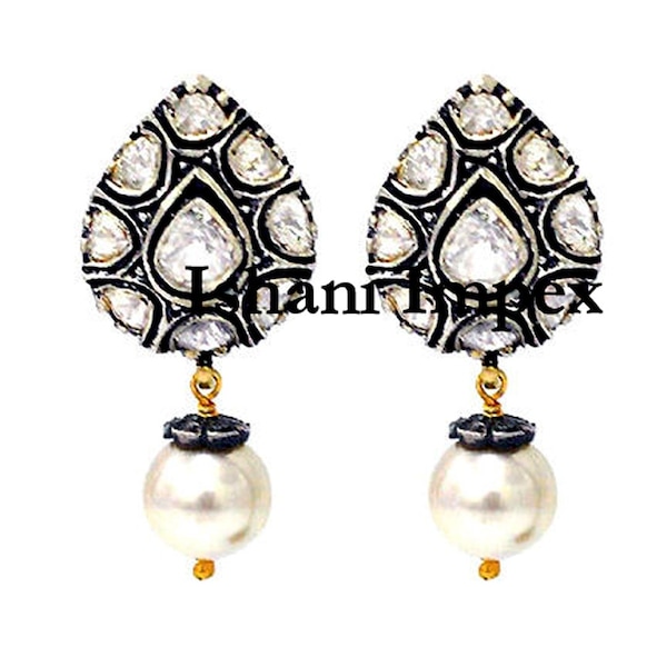 Natural Uncut Diamond Polki & 925 Sterling Silver Pearl Earrings Jewelry