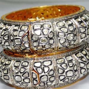 Diamond Polki Bangles Set Natural Diamond Polki Rosecut Diamond 925 Sterling Silver Victorian Diamond Bangle Jewelry 2 Pieces