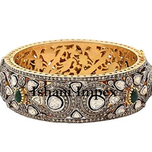 Victorian Vintage Handmade Diamond Bangle Jewelry Natural Rose Cut Diamond & Uncut Diamond Polki 925 Sterling Silver Bracelet Jewelry