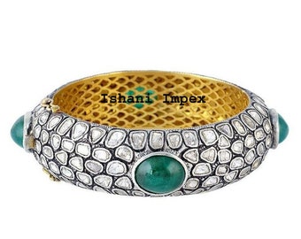 Natural Uncut Diamond Polki , Green Quartz & 925 Sterling Silver Bangle Jewelry
