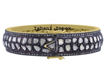 Natural Rosecut Diamond Uncut Diamond Polki 925 Sterling Silver Victorian Bangle Jewelry