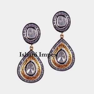 Fine Handmade Natural Rose Cut Diamond & Uncut Diamond Polki 925 Sterling Silver Victorian Vintage Diamond Earrings Jewelry