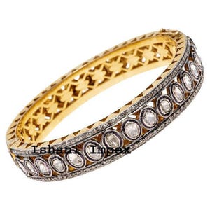 Victorian Jewelry Natural Rose Cut Diamond & Uncut Diamond Polki 925 Sterling Silver Victorian Vintage Bangle Handmade Diamond Bracelet