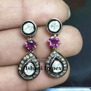 Natural Rose Cut Diamond & Diamond Polki, Amethyst 925 Sterling Silver Earring Victorian Vintage Fine Handmade Diamond Earrings Jewelry
