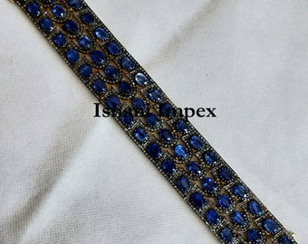 Natural Rose Cut Diamond , Sapphire & 925 Sterling Silver Bracelet Jewelry