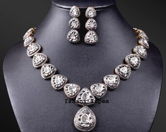 Natural Rose Cut Diamond Uncut Polki 925 Sterling Silver Victorian Necklace Earring Set Jewelry
