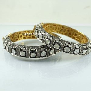 Bangle Natural RoseCut Diamond & Uncut Diamond Polki 925 Sterling Silver Victorian Vintage Bangle Handmade Diamond Bracelet 2 pieces