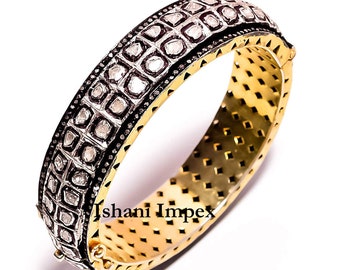 Victorian Diamond Bangle: Rose Cut & Polki Diamonds, Sterling Silver