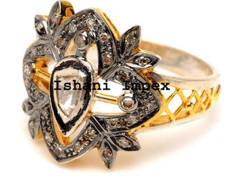 Natural Rose Cut Diamond Uncut Polki Ring: Victorian 925 Sterling Silver Ring Jewelry