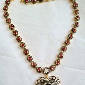 Natural Rose Cut Diamond & Uncut Diamond Polki, Ruby 925 Sterling Silver Victorian Vintage Fine Handmade Diamond Necklace Jewelry
