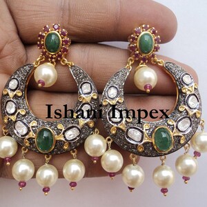Handmade Earrings Natural Rose Cut Diamond & Uncut Diamond Polki Emerald Pearl 925 Sterling Silver Victorian Earrings Jewelry