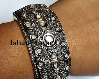 Natural Rose Cut Diamond Polki & 925 Sterling Silver Victorian Bangle Jewelry