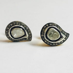 Victorian Natural Rose Cut Diamond & Diamond Polki 925 Sterling Silver Vintage Fine Handmade Diamond Earrings Jewelry