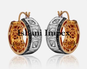Natural Rose Cut Diamond Uncut Polki Earrings 925 Sterling Silver, Victorian Style Earring