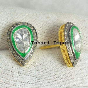 Earrings Natural Rose Cut Diamond & Uncut Diamond Polki 925 Sterling Silver Victorian Diamond Earrings Enamel Jewelry