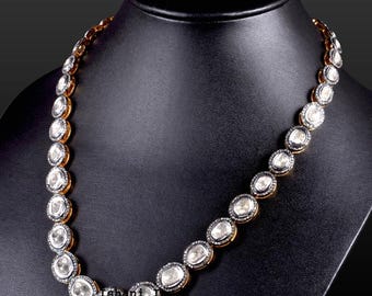 Natural Rose Cut Diamond , Uncut Polki & 925 Sterling Silver Necklace Jewelry