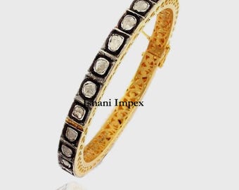 Victorian Diamond Polki Bangle Bracelet, 925 Sterling Silver, Handmade