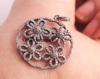 Colgante de diamante natural de talla rosa y joyería victoriana de plata de ley