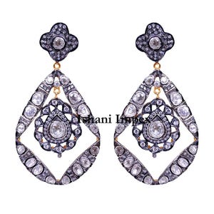 Diamond Earrings Natural Rose Cut Diamond & Uncut Diamond Polki 925 Sterling Silver Victorian Vintage Fine Handmade Earrings Jewelry