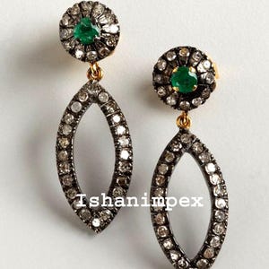 Natural Rose Cut Diamond , Emerald & 925 Sterling Silver Fine Handmade Diamond Earrings Jewelry