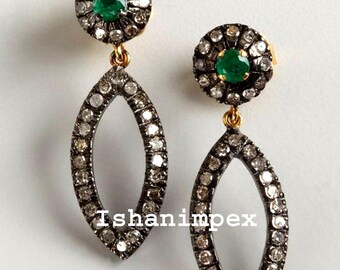 Natural Rose Cut Diamond , Emerald & 925 Sterling Silver Fine Handmade Diamond Earrings Jewelry